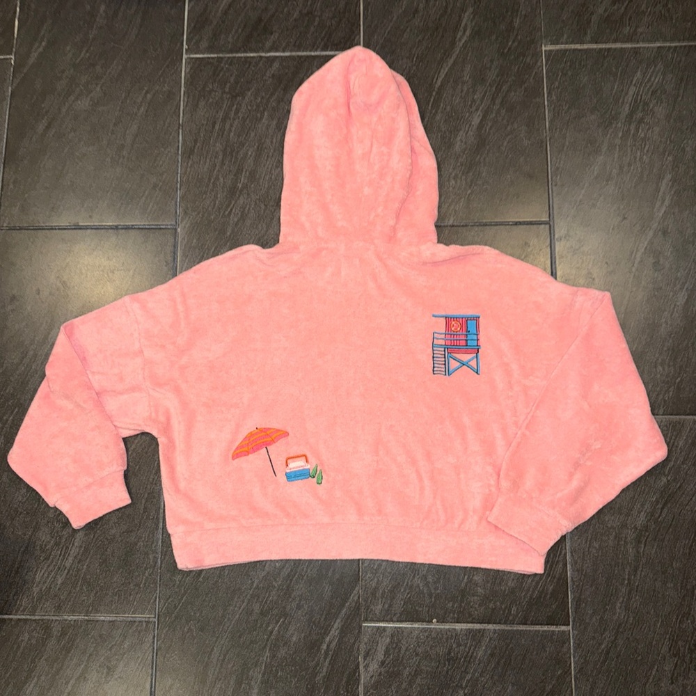 Celandine Pink Hooded Terry Crop Sweatshirt with Flamingo Embroidery - Picture 12 of 15